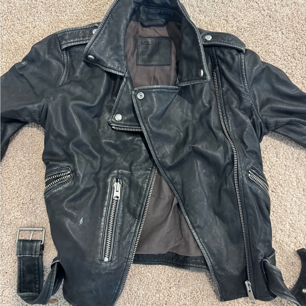 All Saints Black Leather Bomber Jacket with Zip Details